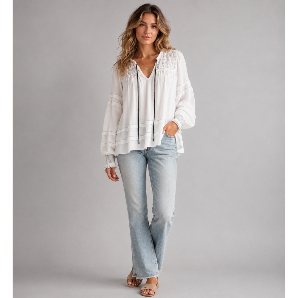 Anthropologie Smocked Peasant Blouse White Black Stitch Tassel Boho Top XS